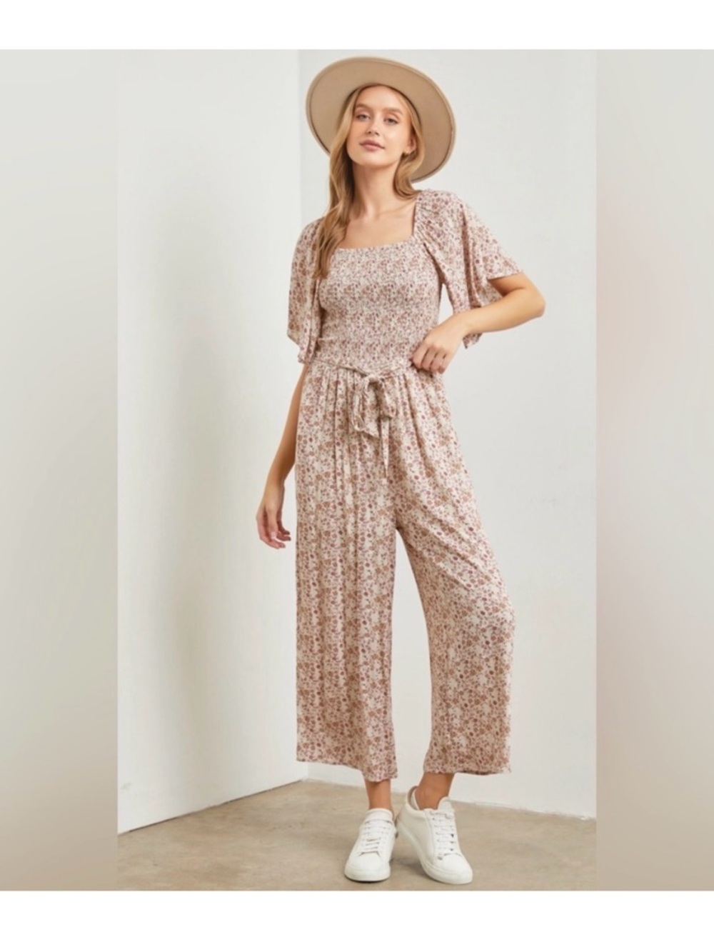 Polagram Floral Smocked Square Neck Wide-Leg Jumpsuit Pockets Beige Pink L
